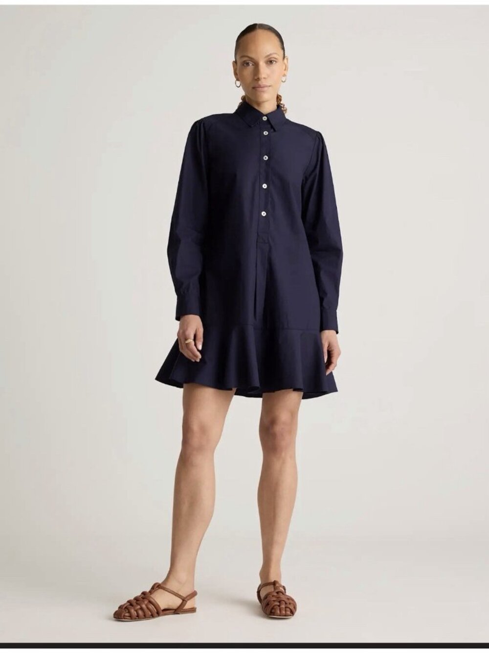 Quince Organic Cotton Poplin Drop Waist Shirt Dress Navy Blue Medium Minimalist